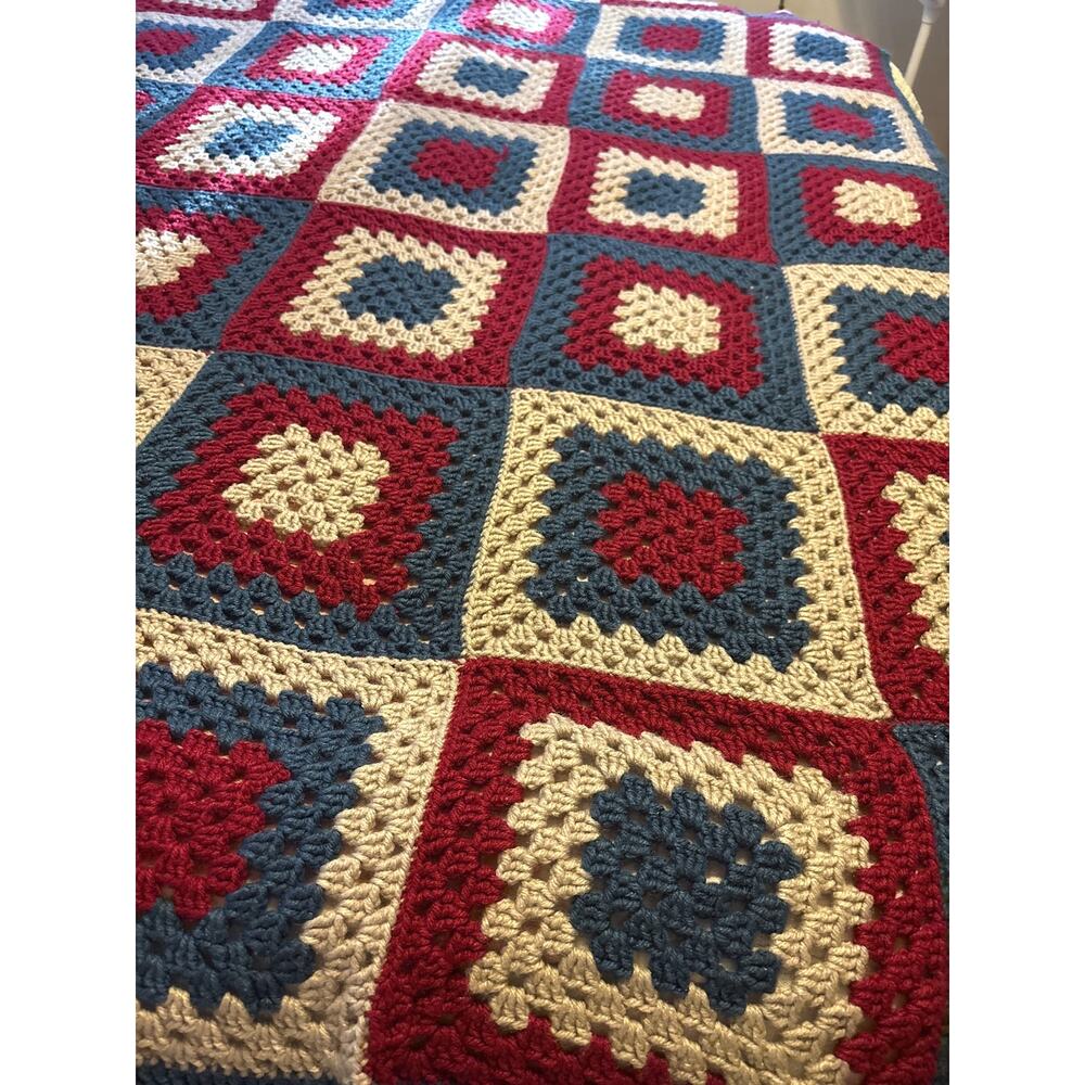 Patriotic Burgundy Blue & Grey Granny Squares Afghan Handmade Size 68 x 43